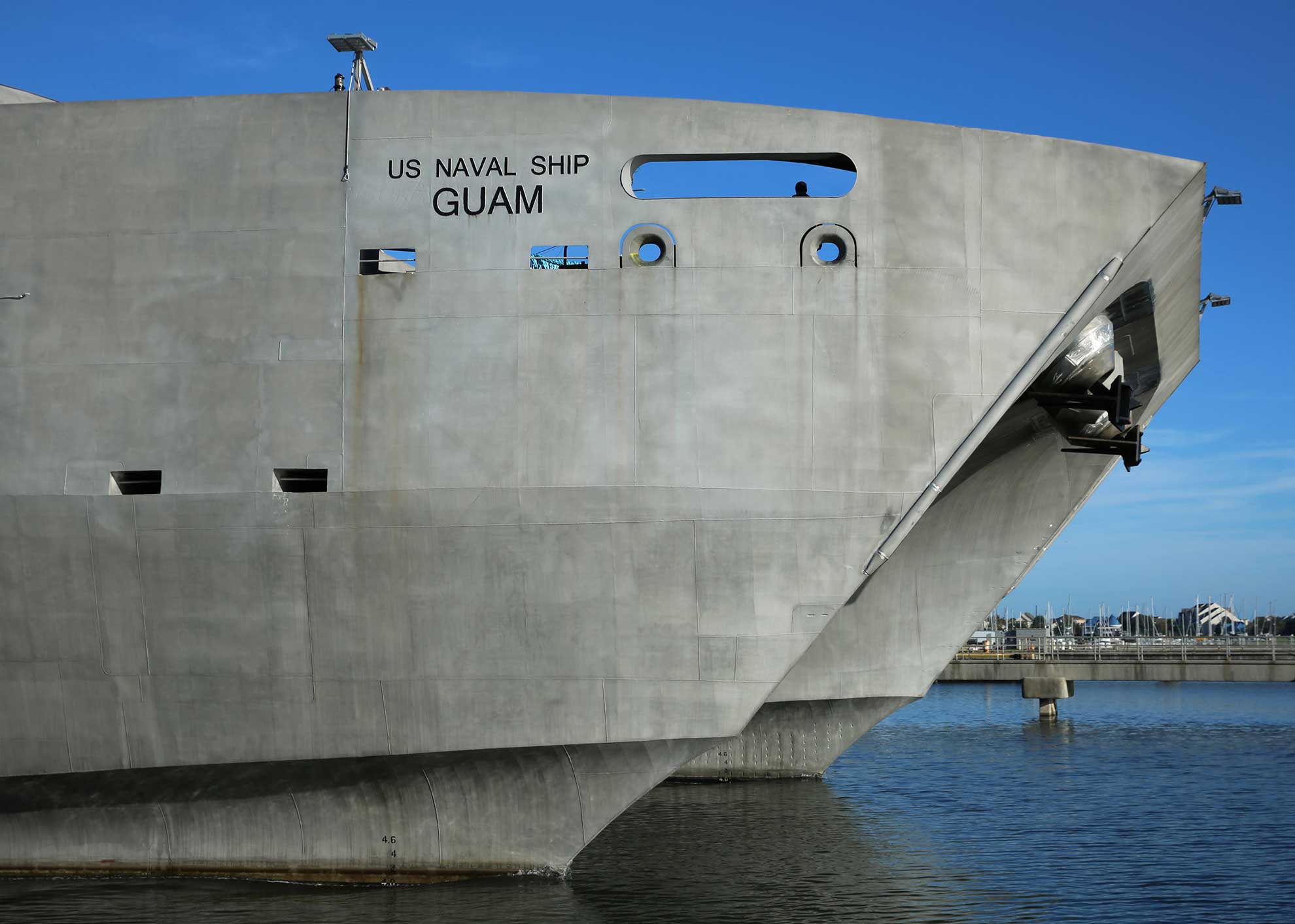 Virginia Beach, Va. (Oct. 5, 2017) The Military Sealift Command high-speed transport USNS Guam (HST 1) gets underway from Joint Expeditionary Base Little Creek-Fort Story. Guam is underway to conduct testing and evaluation -- U.S. Navy photo by Bill Mesta. -