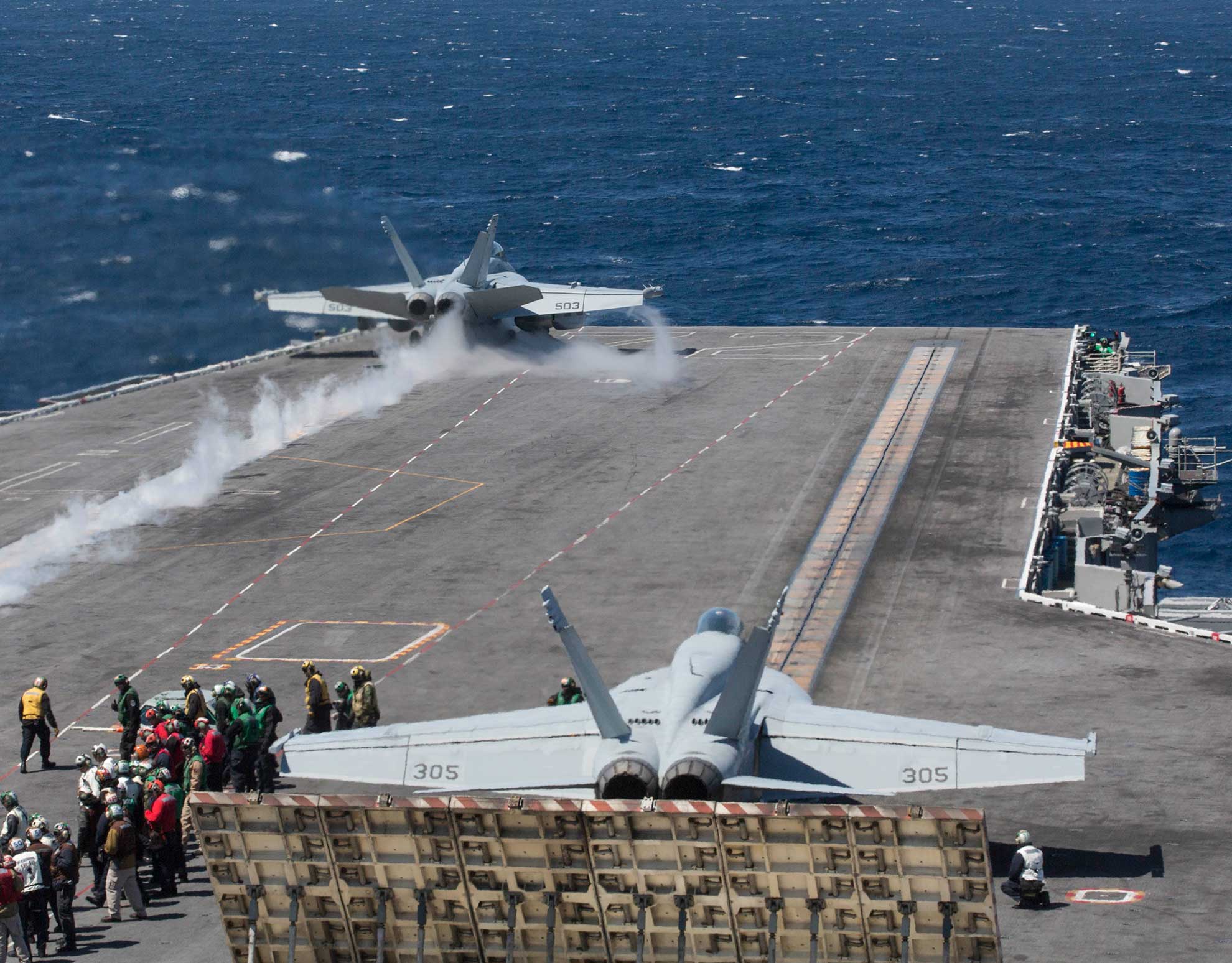 Atlantic Ocean (April 3, 2019) An EA-18G Growler assigned to the "'Patriots" of Electronic Attack Squadron (VAQ) 140 launches from the flight deck of the Nimitz-class aircraft carrier USS Abraham Lincoln (CVN 72). Abraham Lincoln is underway as part of the Abraham Lincoln Carrier Strike Group deployment in support of maritime security cooperation efforts in the U.S. 5th, 6th and 7th Fleet areas of responsibility. With Abraham Lincoln as the flagship, deployed strike group assets include staffs, ships and aircraft of Carrier Strike Group (CSG) 12, Destroyer Squadron (DESRON) 2, USS Leyte Gulf (CG 55) and Carrier Air Wing (CVW) 7; as well as the Spanish navy Alvaro de Bazan-class frigate ESPS Mendez Nñez (F 104) -- U.S. Navy photo by MCS Seaman Tristan Kyle Labuguen. -