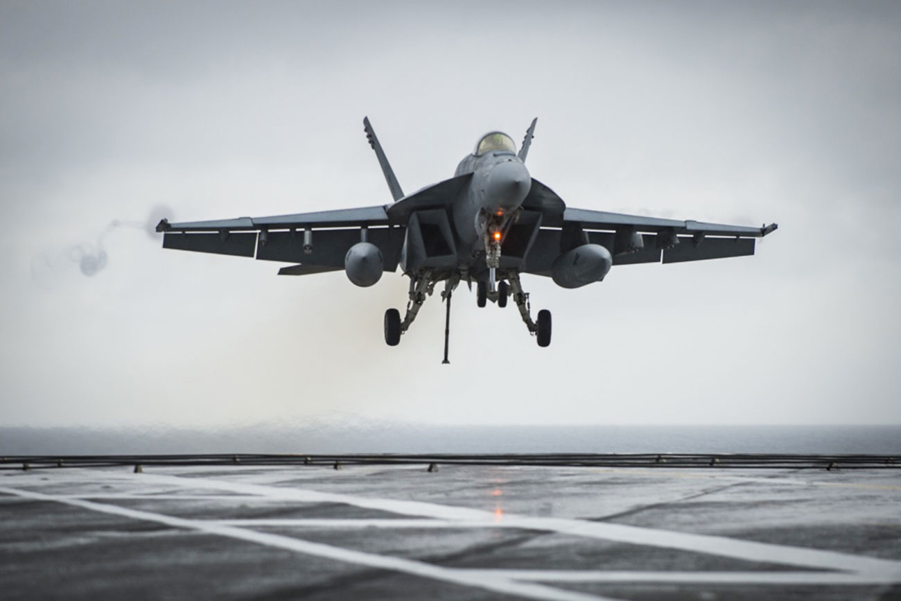 Atlantic Ocean (April 9, 2019) An F/A-18E Super Hornet assigned to the "Gunslingers" of Strike Fighter Squadron (VFA) 105 approaches on the flight deck of the aircraft carrier USS Dwight D. Eisenhower (CVN 69). Ike is underway conducting flight deck certification during the basic phase of the Optimized Fleet Response Plan (OFRP) -- U.S. Navy photo by MCS 2nd Class Zach Sleeper. -