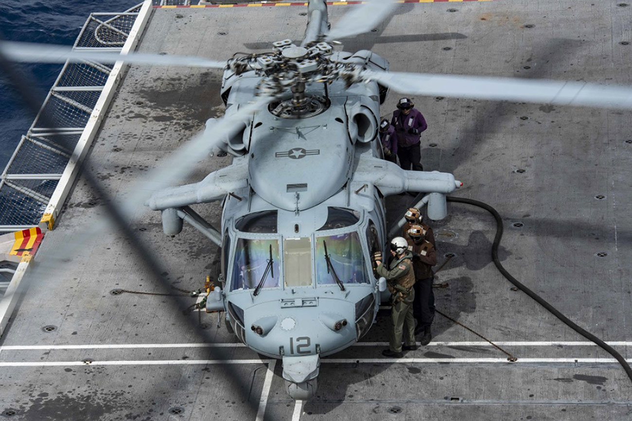 Atlantic Ocean (April 14, 2019) An SH-60S Seahawk assigned to the "Dusty Dogs" of Helicopter Sea Squadron (HSC) 7 takes off of the flight deck of the aircraft carrier USS Dwight D. Eisenhower (CVN 69). Ike is underway conducting flight deck certification during the basic phase of the Optimized Fleet Response Plan (OFRP) -- U.S. Navy photo by MCS 3rd Class Gian Prabhudas. -