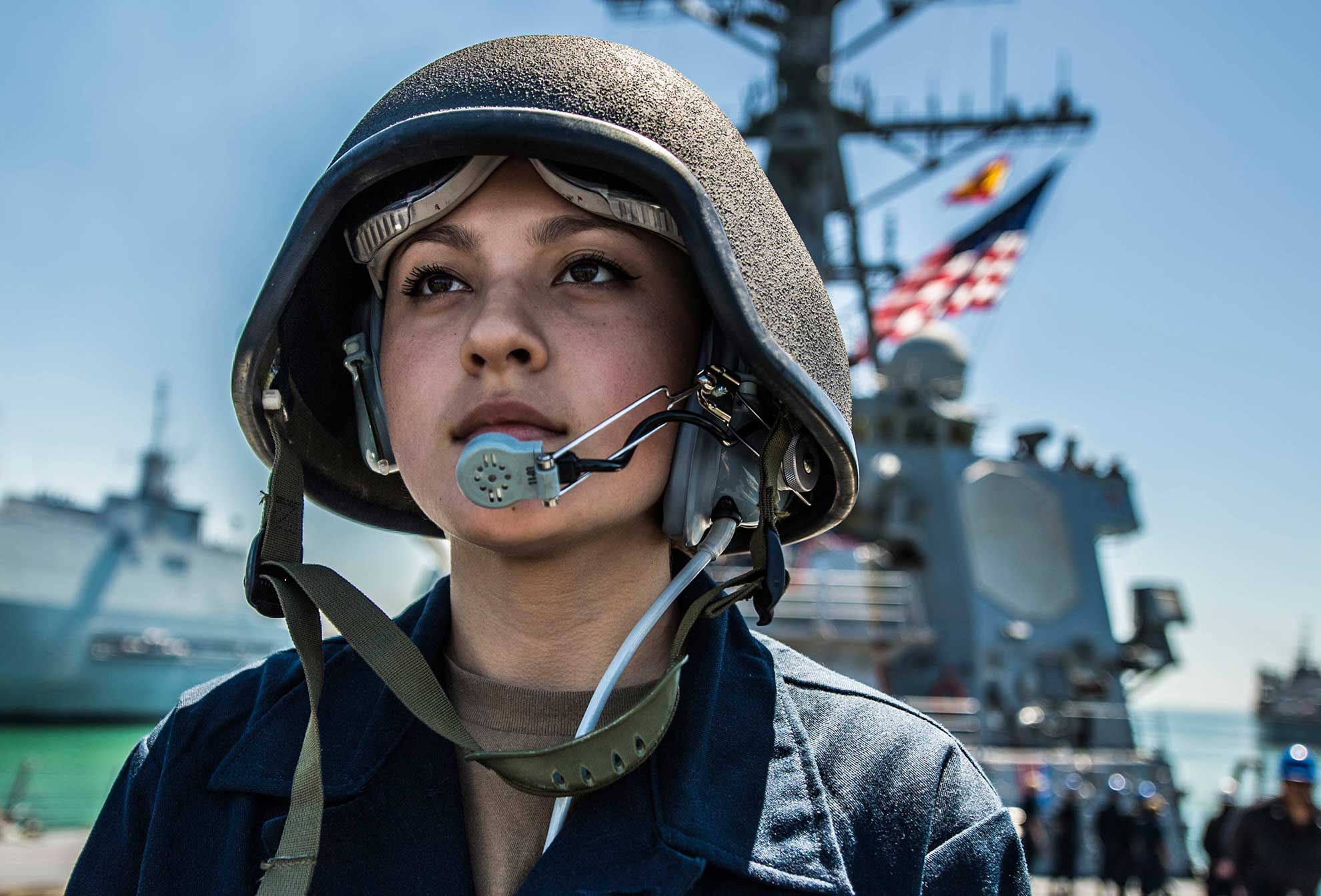 Rota, Spain (April 14, 2019) Boatswain's Mate Seaman Alyssa Mullinax stands watch as a phone talker aboard the Arleigh Burke-class guided-missile destroyer USS Porter (DDG 78) while arriving at Naval Station Rota, Spain, April 14, 2019. Porter, forward-deployed to Rota, Spain, is on its sixth patrol in the U.S. 6th Fleet area of operations in support of U.S national security interests in Europe and Africa -- U.S. Navy photo by MCS 1st Class James R. Turner. -