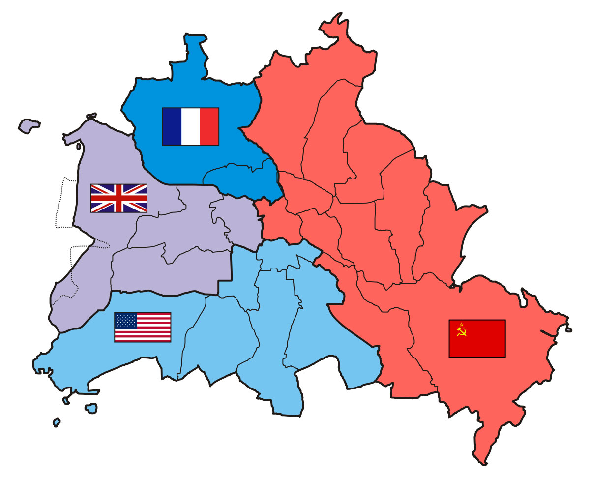 Les quatre secteurs d’occupation de Berlin -- Source Wikipédia. -