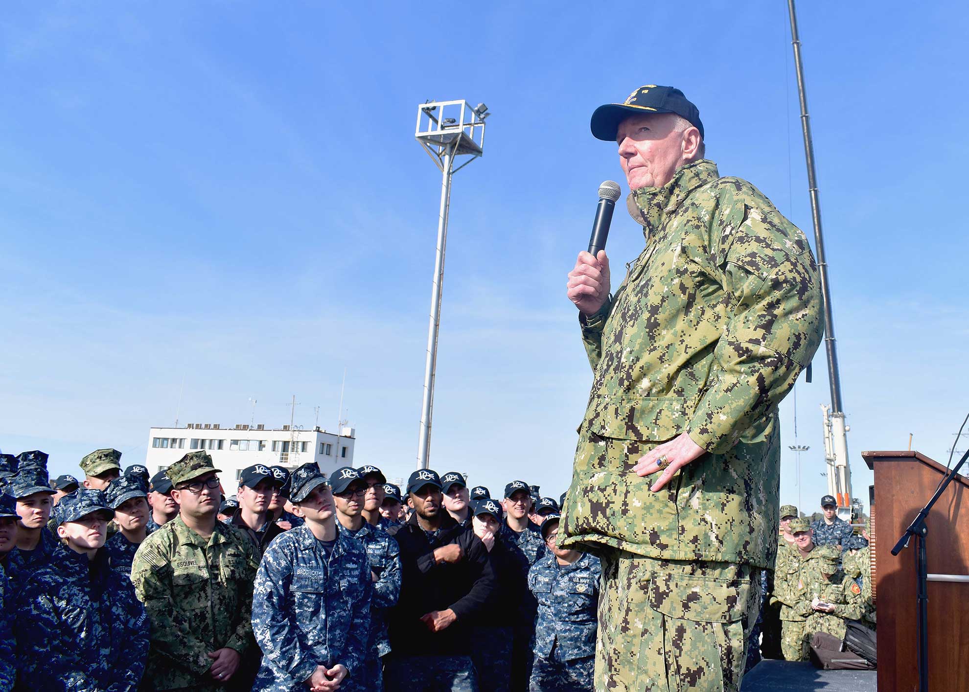 Naval Station Rota, Spain (Jan. 12, 2018) Commander, U.S. Naval Forces Europe-Africa, Adm. James Foggo III speaks to Sailors assigned to Arleigh-Burke class guided-missile destroyers USS Donald Cook (DDG 75) and USS Porter (DDG 78) at an all hands call during his visit to Naval Station Rota, Spain. Foggo met with the Sailors to discuss the recent comprehensive review along with their role, safety and mission at sea. Naval Station Rota, which is part of, Navy Region Europe, Africa, Southwest Asia (EURAFSWA), provides operational platforms ashore that enable U.S., allied and partner nation forces to be where they are needed and when they are needed to ensure security and stability in Europe, Africa and Southwest Asia -- U.S. Photo by MCS3 M. Jang. -