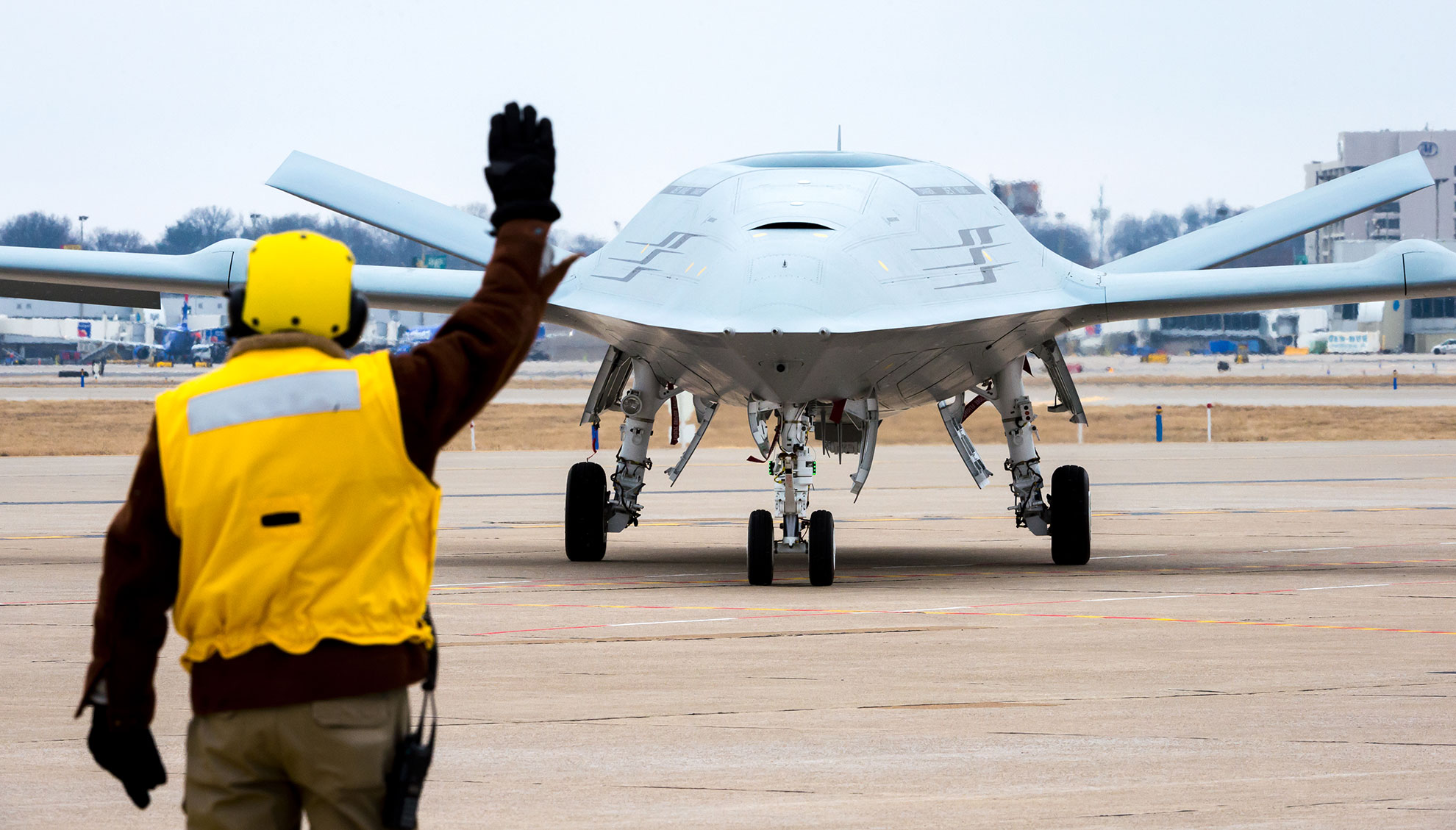 Washington D.C. (Aug. 30, 2018) File photo dated January 29, 2018. Boeing conducts MQ-25 deck handling demonstration at its facility in St. Louis, Mo. -- U.S. Navy photo courtesy of The Boeing Co. -