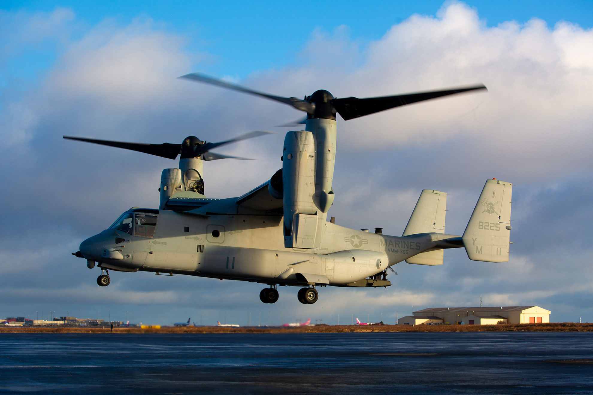 Keflavik, Iceland (Oct. 17, 2018) A MV-22 Osprey with 24th Marine Expeditionary Unit (MEU) lands on the runway at Keflavik Air Base in Iceland, Oct. 17, 2018, during Exercise Trident Juncture 18. Trident Juncture training in Iceland promotes key elements of preparing Marines to conduct follow-on training in Norway in the later part of the exercise -- U.S. Marine Corps photo by Lance Cpl. Menelik Collins. -