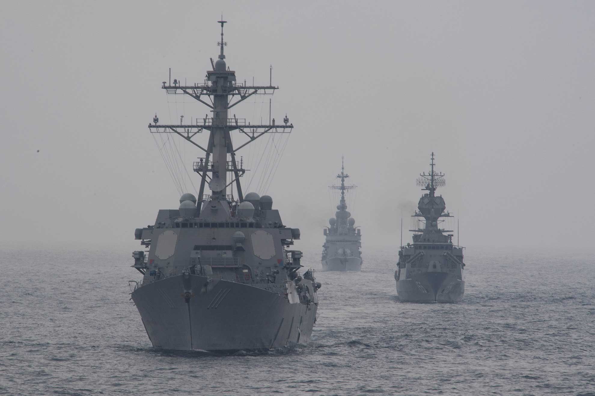 Arabian Sea (Dec. 14, 2018) The U.S. Navy guided-missile destroyer USS Spruance (DDG 111), left, the Royal Australian Navy Anzac-class frigate HMAS Ballarat (FFH 155), and the French navy F70AA-class air defense destroyer FS Cassard (D 614) are underway during anti-submarine warfare exercise SHAREM 195 in the Arabian Sea, Dec. 14, 2018. Stockdale is deployed to the U.S. 5th Fleet area of operations in support of naval operations to ensure maritime stability and security in the Central Region, connecting the Mediterranean and the Pacific through the western Indian Ocean and three strategic choke points -- U.S. Navy photo by MCS2 Abigayle Lutz -