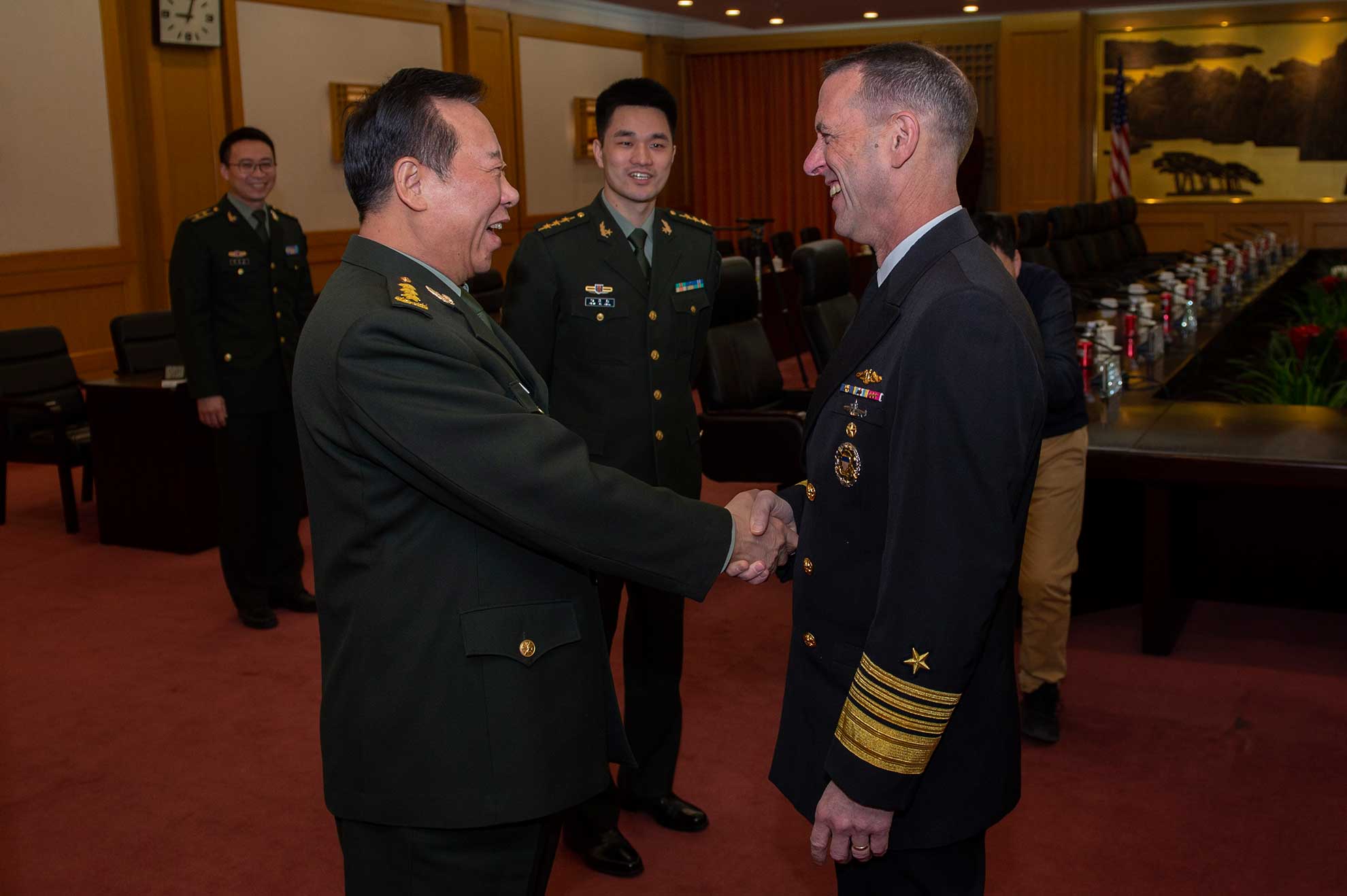 Beijing (Jan. 15, 2019) Chief of Naval Operations (CNO) Adm. John Richardson meets with Chief of Staff of the Joint Staff Department under China's Central Military Commission (CMC) Gen. Li Zuocheng and other senior Chinese defense officials in Beijing. Richardson is on a three-day visit to Beijing and Nanjing to continue the ongoing dialog between the two militaries and encourage professional interactions at sea, specifically addressing risk reduction and operational safety measures to prevent unwanted and unnecessary escalation -- U.S. Navy Photo by Chief MCS Elliott Fabrizio. -