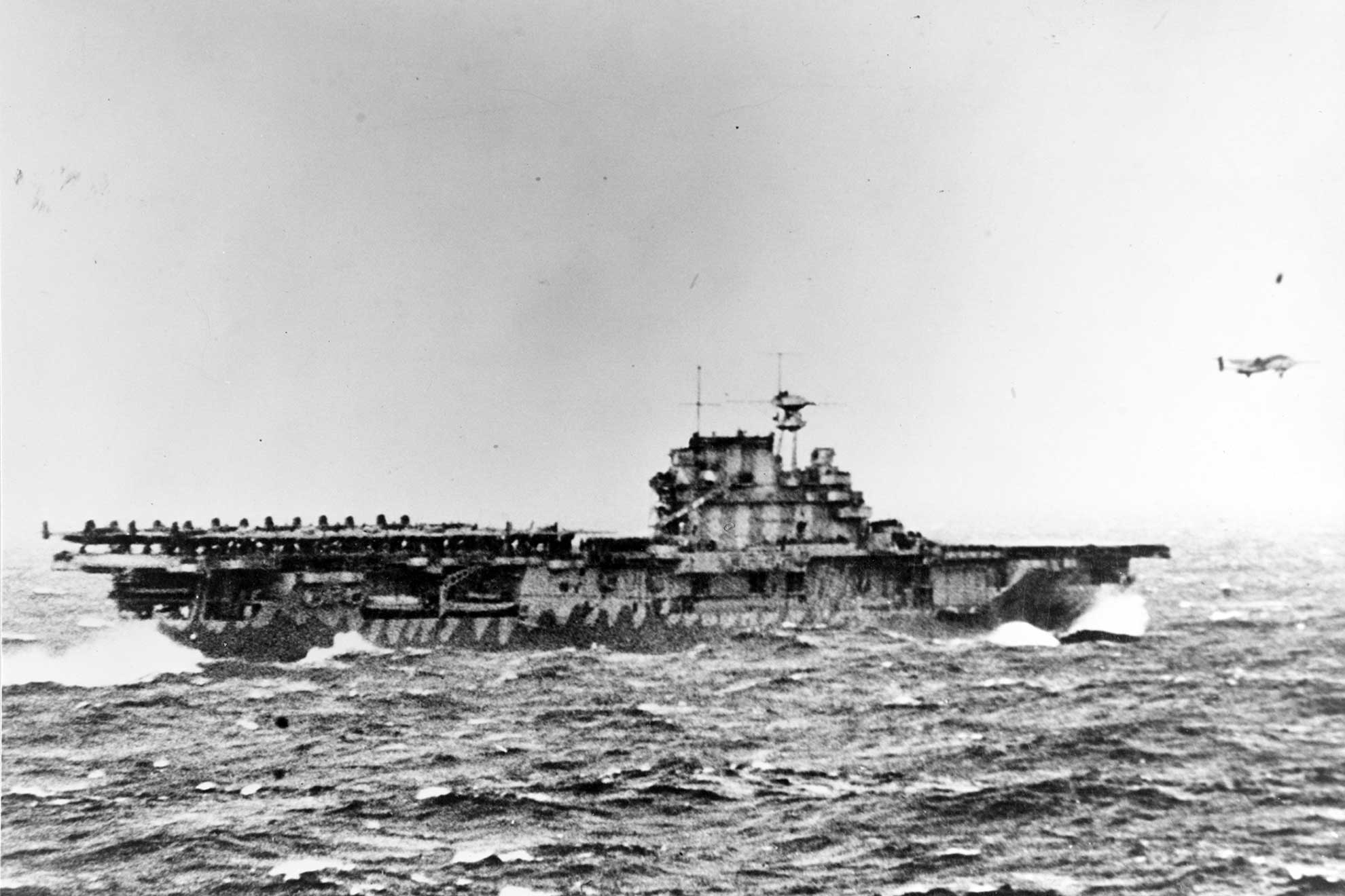 Washington D.C. (Feb. 12, 2019) A file photo taken April 18, 1942 of the aircraft carrier USS Hornet (CV 8) launching U.S. Army Air Forces B-25B bombers at the start of the Doolittle Raid, the first U.S. air raid on the Japanese home islands -- U.S. Navy photo. -