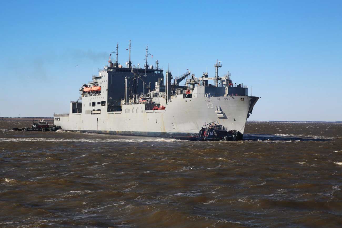 Nlorfolk, Va. (Feb. 25, 2019) The Military Sealift Command dry cargo ammunition ship USNS Medgar Evers (T-AKE 13) departs Naval Station Norfolk Feb. 25. Medgar Evers is scheduled to complete an overseas deployment in support of U.S. Navy forces operating in the U.S. Sixth Fleet™s area of responsibility -- U.S. Navy Photo by Jennifer Hunt. -
