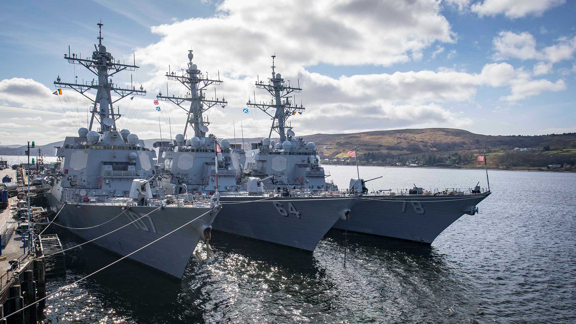 Faslane, Scotland (March 30, 2019) The Arleigh Burke-class guided-missile destroyers USS Gravely (DDG 107), USS Carney (DDG 64), and USS Porter (DDG 78) are moored at HMNB Clyde in Faslane, Scotland, March 30, 2019. Carney, forward-deployed to Rota, Spain, is on its sixth patrol in the U.S. 6th Fleet area of operations in support of regional allies and partners as well as U.S. national security interests in Europe and Africa -- U.S. Navy photo by MCS 1st Class Fred Gray IV. -