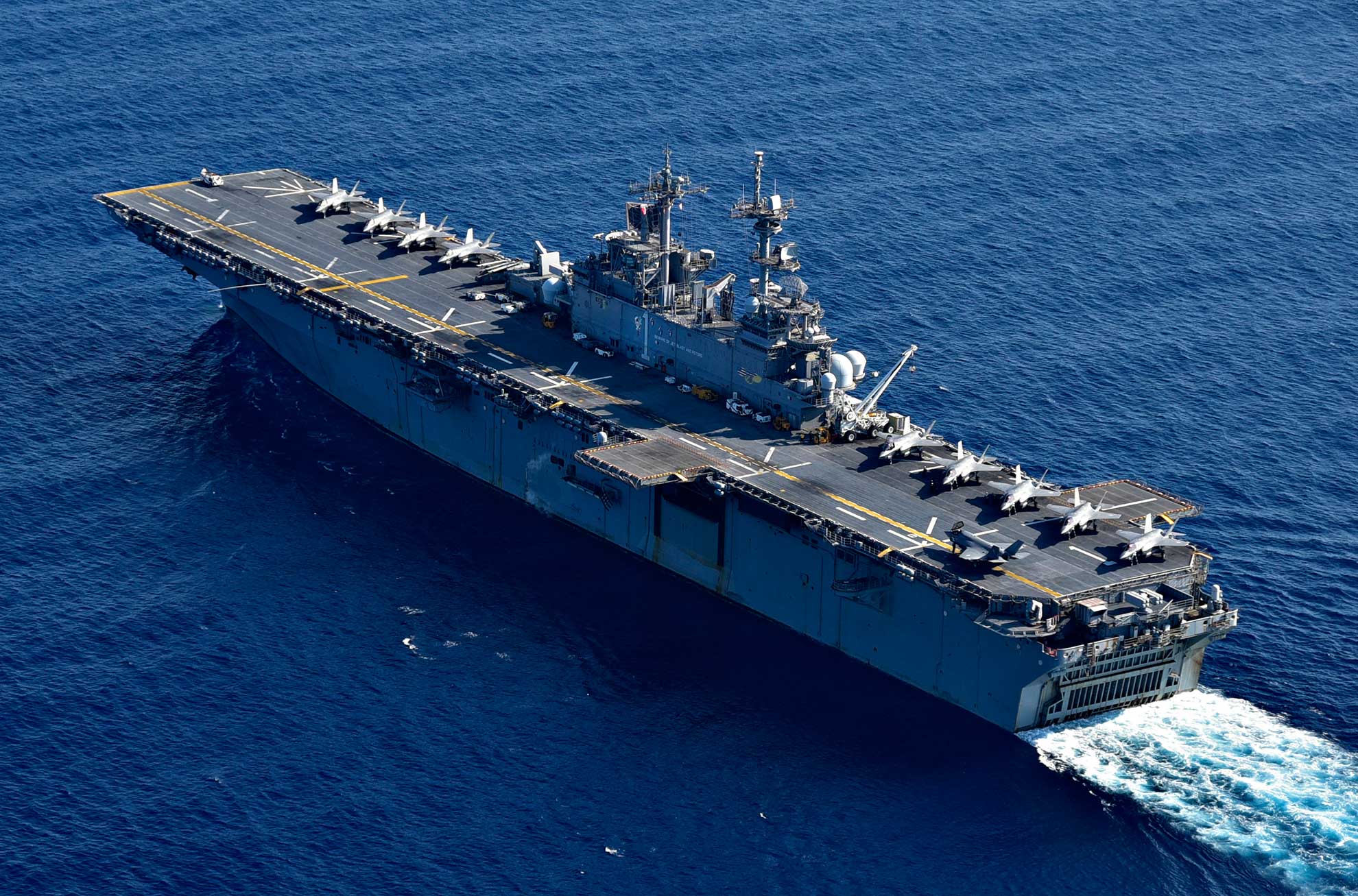 South China Sea (April 5, 2019) The amphibious assault ship USS Wasp (LHD 1) is operating in the South China Sea in support of Exercise Balikatan 2019. In its 35th iteration, Balikatan is an annual U.S.-Philippine military training exercise focused on a variety of missions, including humanitarian assistance and disaster relief, counter-terrorism, and other combined military operations -- U.S. Navy photo by MCS 1st Class Daniel Barker. -
