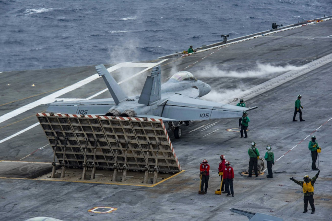 Atlantic Ocean (April 14, 2019) An F/A-18E, assigned to the "Fighting Swordsmen" of strike fighter squadron (VFA) 83, prepares to launch from the flight deck of the aircraft carrier USS Dwight D. Eisenhower (CVN 69). Ike is underway conducting flight deck certification during the basic phase of the Optimized Fleet Response Plan (OFRP) -- U.S. Navy photo by MCS 3rd Class Gian Prabhudas. -