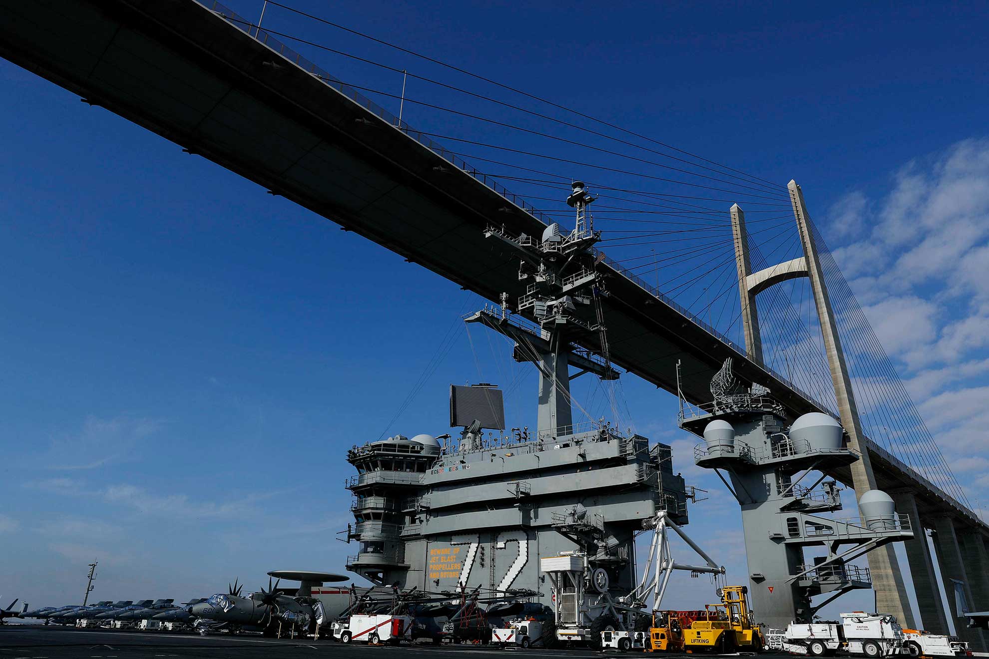 Suez Canal (May 9, 2019) The Nimitz-class aircraft carrier USS Abraham Lincoln (CVN72) sails under the Peace Bridge while transiting the Suez Canal. The Abraham Lincoln Carrier Strike Group (ABECSG) is deployed to U.S. Central Command area of responsibility in order to defend American forces and interests in the region. With Abraham Lincoln as the flagship, deployed strike group assets include staffs, ships and aircraft of Carrier Strike Group 12 (CSG 12), Destroyer Squadron 2 (DESRON 2), USS Leyte Gulf (CG 55) and Carrier Air Wing 7 (CVW 7); as well as the Spanish navy lvaro de Bazan-class frigate ESPS Mendez Nñez (F 104) -- U.S. Navy photo by MCS 1st Class Brian M. Wilbur. -