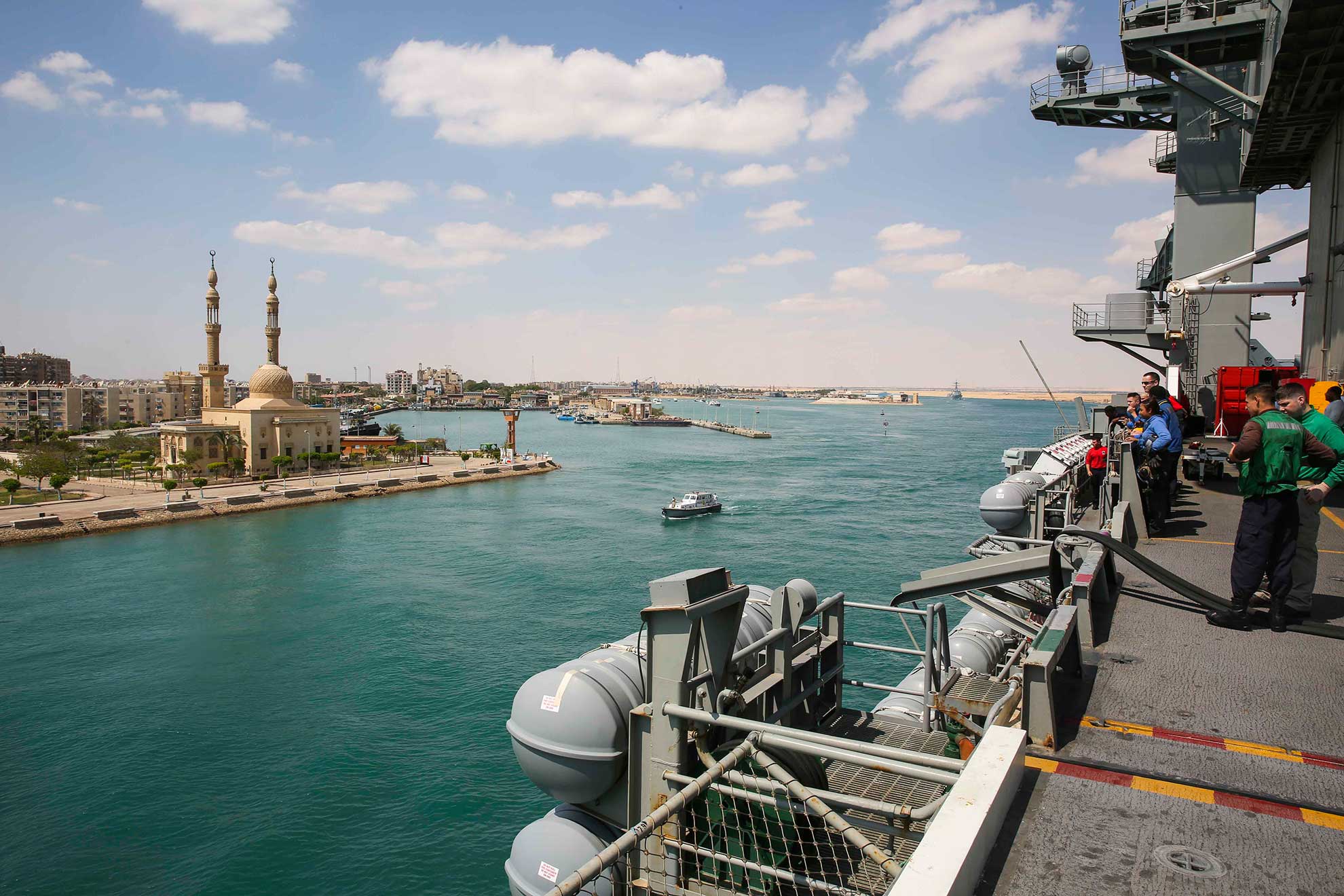 Suez Canal (May 9, 2019) The Nimitz-class aircraft carrier USS Abraham Lincoln (CVN 72) transits the Suez Canal, May 9, 2019. The Abraham Lincoln Carrier Strike Group is deployed to the U.S. Central Command area of responsibility in order to defend American forces and interests in the region. With Abraham Lincoln as the flagship, deployed strike group assets include staffs, ships and aircraft of Carrier Strike Group (CSG) 12, Destroyer Squadron (DESRON) 2, the guided-missile cruiser USS Leyte Gulf (CG 55) and Carrier Air Wing (CVW) 7; as well as the Spanish navy Alvaro de Bazan-class frigate ESPS Mendez Nunez (F 104) -- U.S. Navy photo by MCS 3rd Class Tyler C. Priestley. -