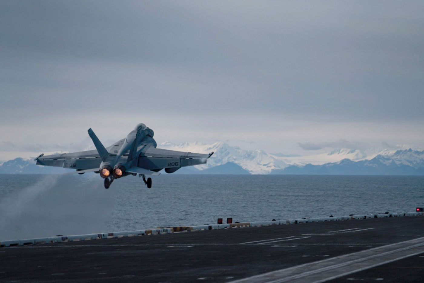 An F/A-18E Super Hornet, assigned to the Tomcatters of Strike Fighter Squadron (VFA) 31, launches from the flight deck of the aircraft carrier USS Theodore Roosevelt (CVN 71) -- U.S. Navy photo by Mass Communication Specialist 3rd Class Andrew Langholf. -