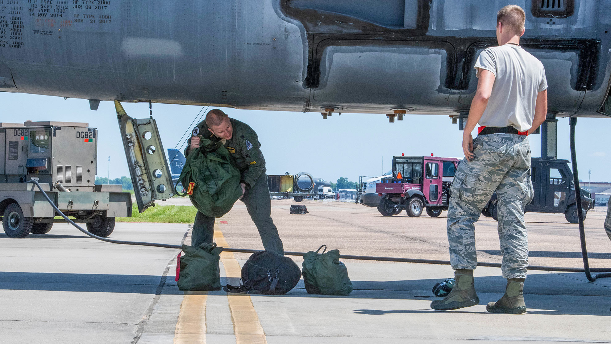 Lt.Col. Eric Barkley, an 11th Bomb Squadron weapons system officer, unloads, “Wise Guy,” a B-52 Stratofortress after flying into Barksdale Air Force Base, La., May 15, 2019. The B-52 flew into Barksdale AFB from Davis-Monthan AFB, Ariz., to receive upgrades and modifications to turn it into a mission capable aircraft -- U.S. Air Force photo by Airman Jacob Wrightsman. -