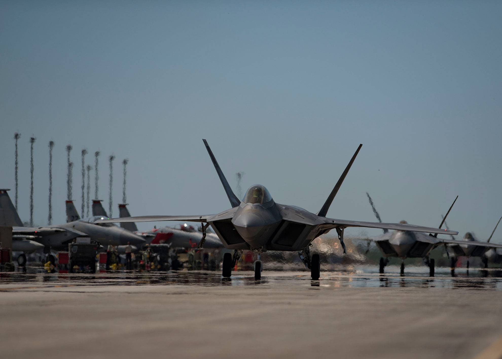 An F-22 Raptor taxis on the flightline during the Combat Archer 19-8 exercise at Tyndall Air Force Base, Fla., May 14, 2019 -- U.S. Air Force photo by Airman 1st Class Monica Roybal. -