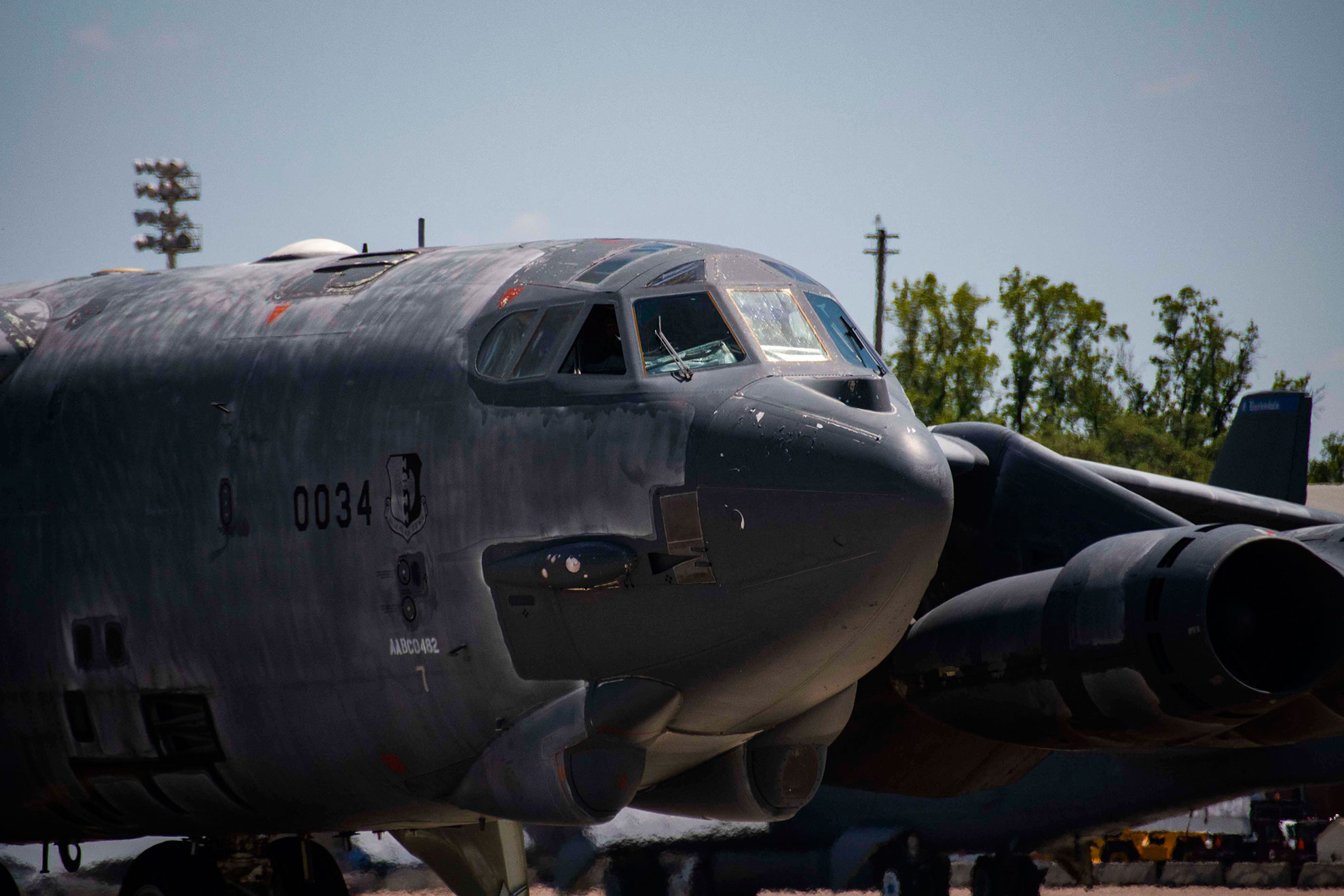 A B-52 Stratofortress, nicknamed "Wise Guy," taxis into Barksdale Air Force Base, La., May 14, 2019. The jet had been sitting at the 309th Aerospace Maintenance and Regeneration Group at Davis-Monthan AFB, Ariz. since 2008. It is being returned to service to replace a B-52 lost during takeoff in 2016 -- U.S. Air Force photo by Master Sgt. Ted Daigle. -