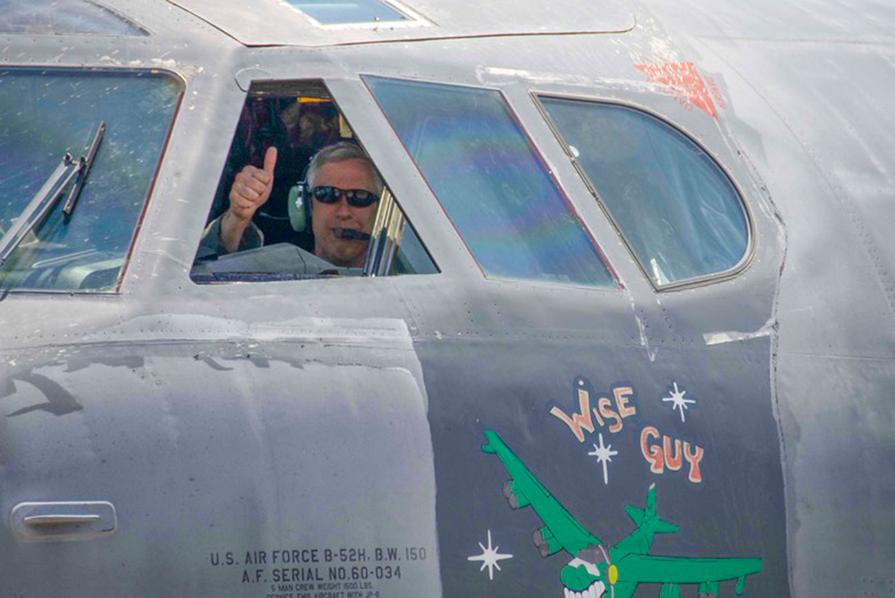Col. Robert Burgess, 307th Operations Group commander, gives a thumbs up after flying a B-52 Stratofortress, nicknamed "Wise Guy," to Barksdale Air Force Base, La., May 14, 2019. The bomber had been at the 309th Aerospace Maintenance and Regeneration Group at Davis-Monthan AFB, Ariz. since 2008. It took a team of Reserve Citizen Airmen and their active-duty counterparts four months to prepare "Wise Guy" for flight after its decade-long hiatus at AMARG -- U.S. Air Force photo by Master Sgt. Ted Daigle. -