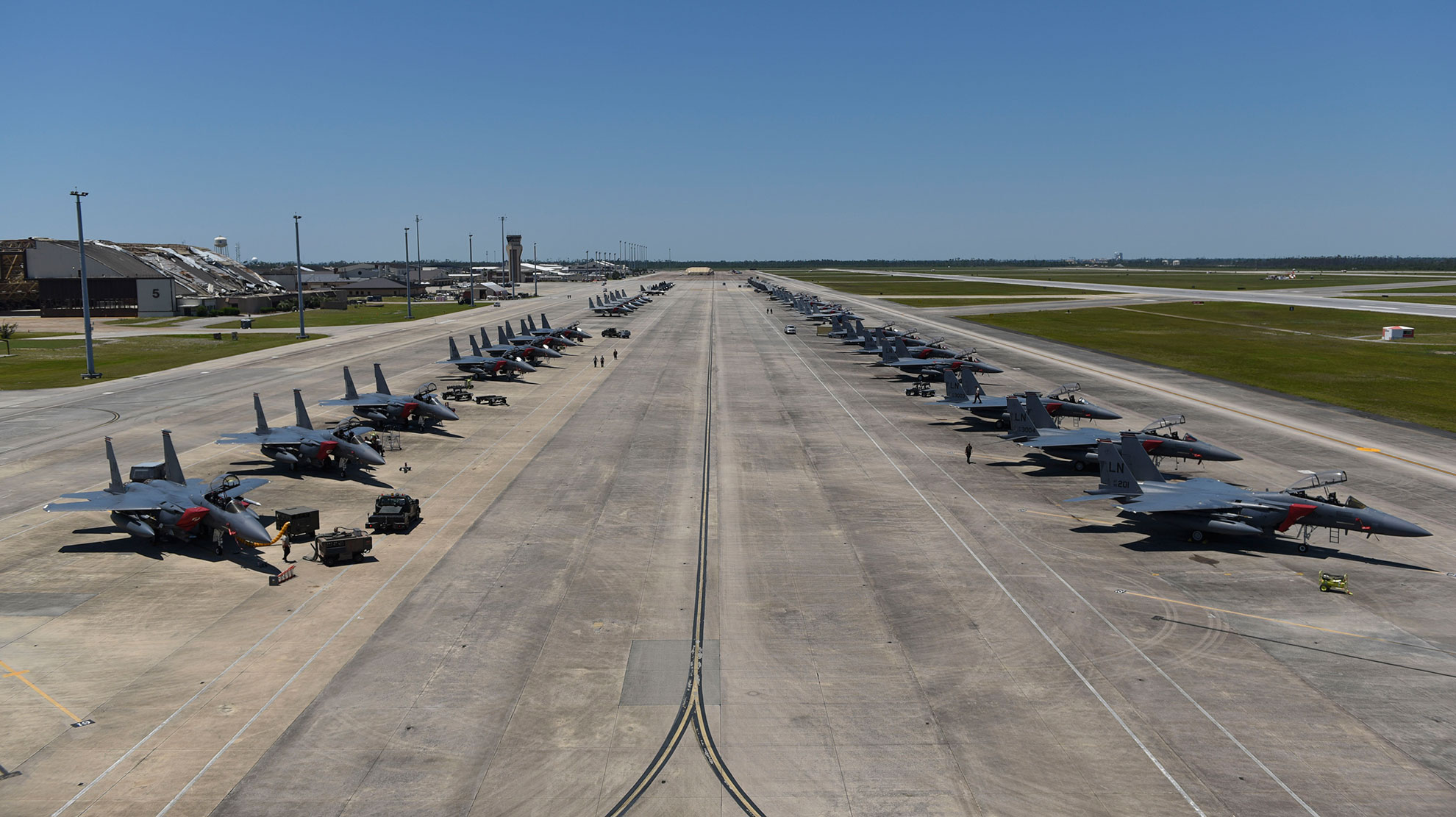 Aircraft assigned to the 494th Fighter Squadron, 67th FS and the 94th FS, park on the flightline at Tyndall Air Force Base, Fla., May 15, 2019 -- U.S. Air Force photo by Airman 1st Class Monica Roybal. -