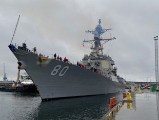 The Arleigh Burke-class guided missile destroyer USS Roosevelt (DDG 80) arrives in Tallinn