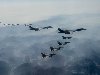 Two U.S. Air Force B-1B Lancers and four F-16 Falcons participate in a combined aerial exercise alongside four South Korea Air Force F-35 Lighting IIs over South Korea, March 19, 2023. Combined flight operations allow the U.S. and its allies to improve interoperability and demonstrate a combined defense capability. (U.S. Air Force photo by 1st Lt. Cameron Silver)