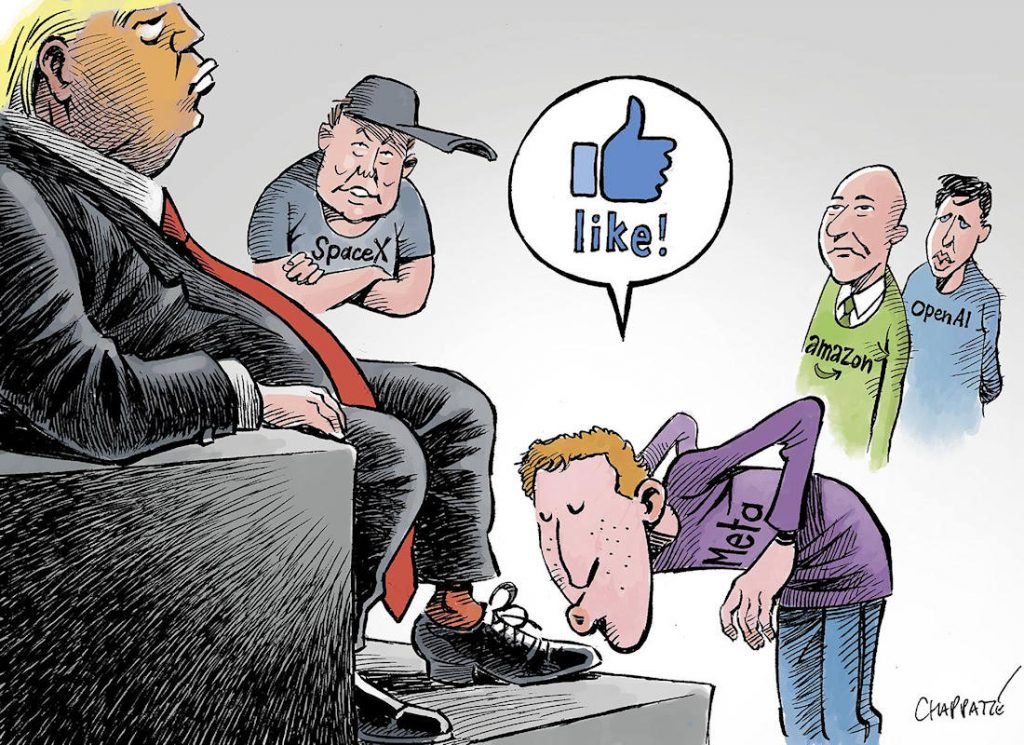 Trump, Zuckerberg, Bezos, Elon Musk, Sam Altman & Co — © Patrick Chappatte dans Le Temps (Genève)