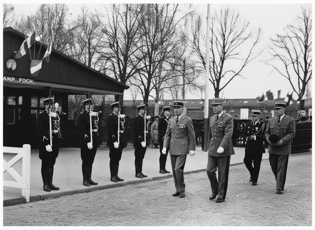 Visite des généraux Bezegher et Manceaux-Demiau — Archives © Gendarmerie Nationale (15.3.1954)