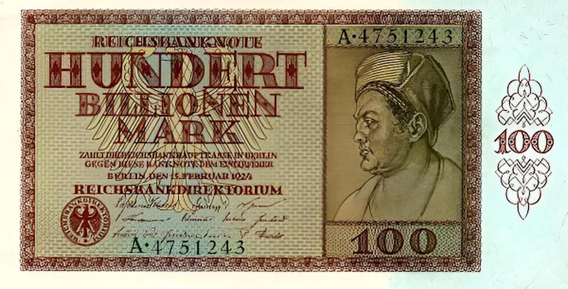 - 100 milliards de Reichsmark Billet de 100 milliards de marks (100 000 000 000 000 Mark), Reichsbank, 15 février 1924. À son émission, en novembre 1923, une coupure de ce montant valait environ 1 300 marks-or ; dix-huit jours plus tard, elle n'en valait plus que 100 — la plus grosse coupure jamais émise en Allemagne, symbole même de l'effondrement monétaire de 1923 — Münzkabinett, Staatliche Museen zu Berlin