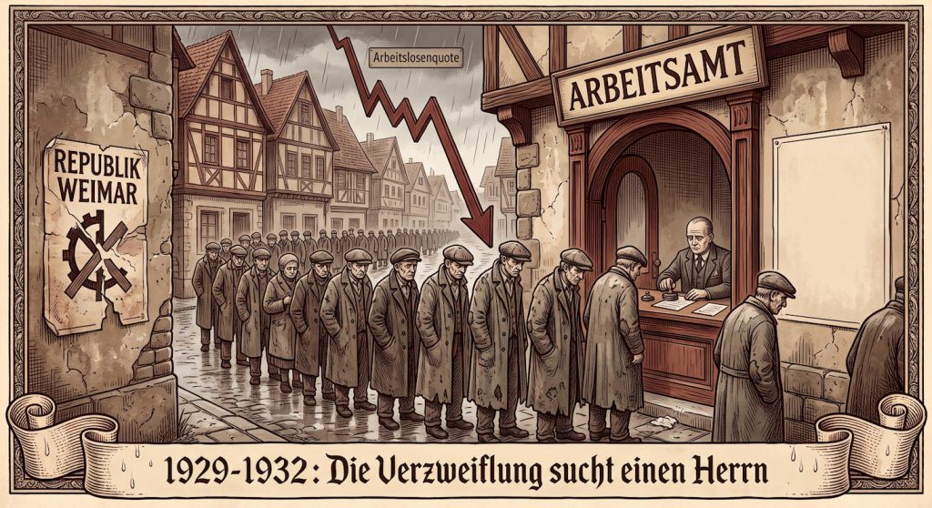 - Allemagne Crise de 1923 DE2a Devant l'Arbeitsamt, 1929-1932 : la file s'allonge à mesure que le chômage explose, passant de moins d'un million à plus de six millions de sans-emploi en l'espace de trois ans. Ce terreau de misère et de désespoir, la République de Weimar — déjà discréditée par l'hyperinflation de 1923 — ne parvient plus à l'endiguer. C'est ce vide que le national-socialisme s'apprête à combler — Illustration IA © European-Security