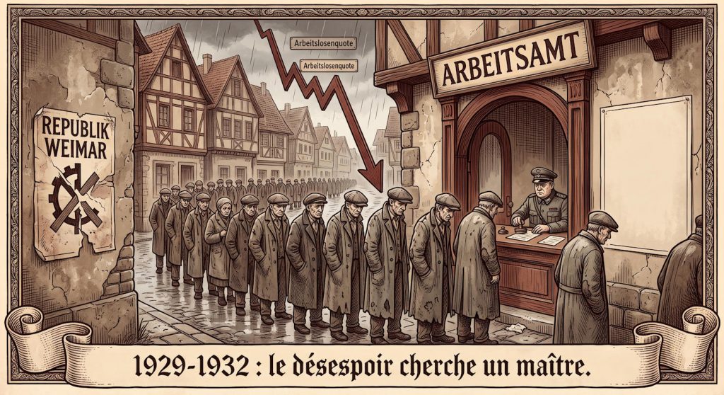 Devant l'Arbeitsamt, 1929-1932 : la file s'allonge à mesure que le chômage explose, passant de moins d'un million à plus de six millions de sans-emploi en l'espace de trois ans. Ce terreau de misère et de désespoir, la République de Weimar — déjà discréditée par l'hyperinflation de 1923 — ne parvient plus à l'endiguer. C'est ce vide que le national-socialisme s'apprête à combler — Illustration IA © European-Security