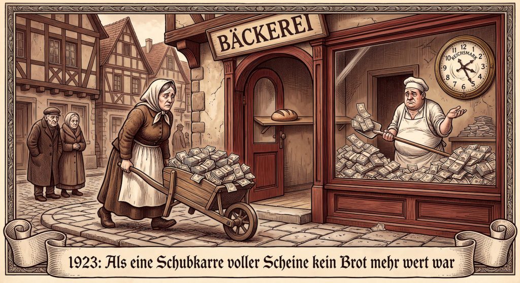 - Allemagne Crise de 1923 pain DEa L'hyperinflation de 1923 : une brouette de billets ne suffit plus à acheter un pain. Le mark, dont la valeur s'effondre d'heure en heure, devient le symbole même de l'humiliation économique qui vient nourrir le ressentiment exploité, dix ans plus tard, par le national-socialisme — Illustration IA © European-Security