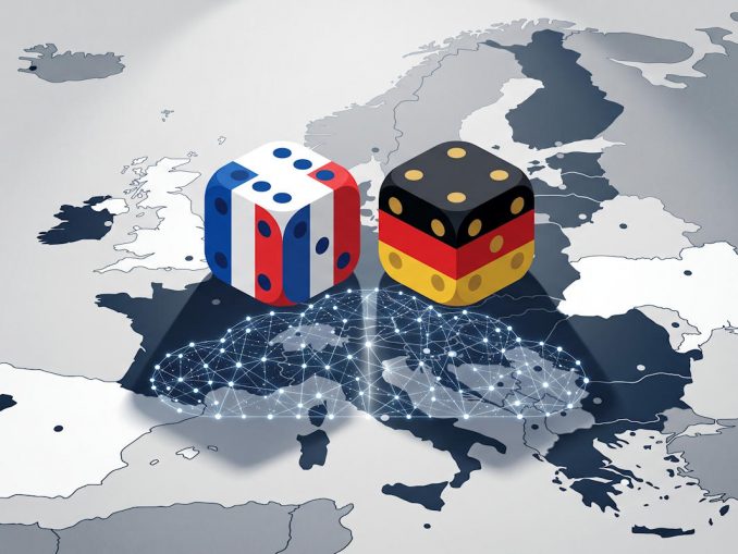 Deux dés, deux couleurs, un même continent sous leurs pieds — la France et l’Allemagne jouent chacune leur partie, sans jamais perdre de vue qu’elles restent reliées, qu’elles le veuillent ou non — Illustration IA © European-Security