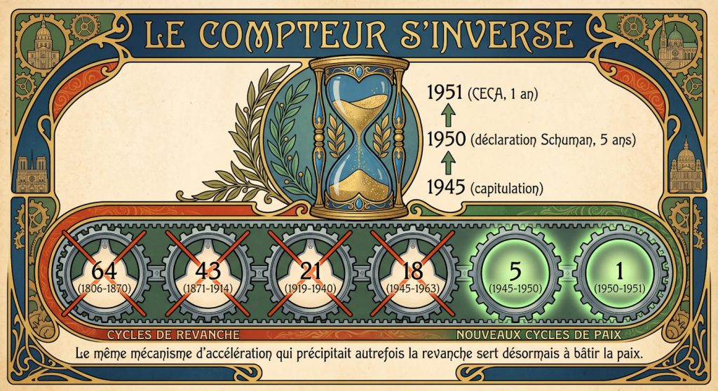 - Infographie Compteur 1a Le compteur s'inverse : le même mécanisme d'accélération qui précipitait autrefois la revanche — soixante-quatre ans entre Iéna et Sedan, quarante-trois entre Francfort et Sarajevo, vingt et un entre Versailles et Rethondes, dix-huit entre la capitulation et l'Élysée — sert désormais à bâtir la paix. Cinq ans séparent 1945 de la déclaration Schuman ; un an à peine sépare celle-ci de la CECA — Infographie IA © European-Security