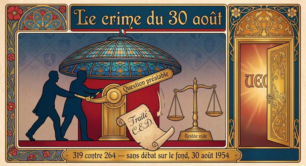 - Infographie Crime du 30 aout 1 Le crime du 30 août » : le mécanisme procédural qui, le 30 août 1954, a permis de rejeter la CED sans même en débattre le fond — 319 voix contre 264, portées par la « question préalable » d'Aumeran et Herriot. La balance de la justice reste vide ; c'est par la porte de secours de l'UEO, solution de repli plus modeste, que l'Europe de la défense entrera finalement — Infographie IA © European-Security