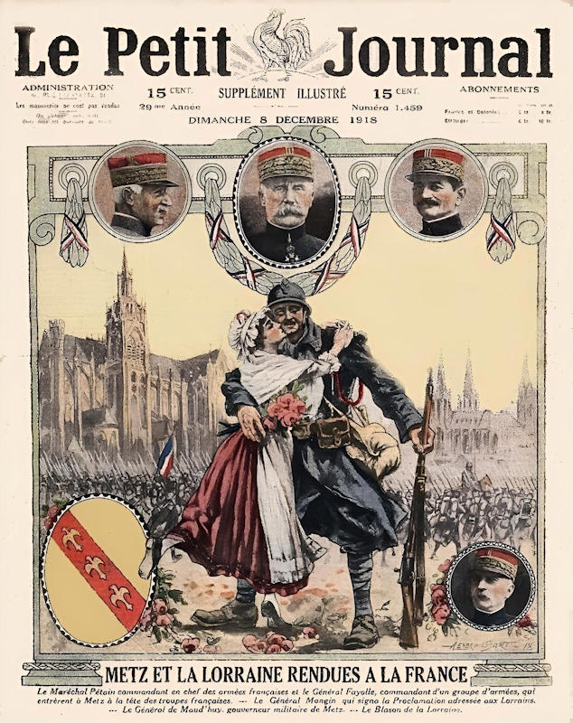 - Le Petit Journal 8 decembre 1918a Metz et la Lorraine rendues à la France » — Une du Petit Journal, supplément illustré, 8 décembre 1918. Quarante-sept ans après l'annexion de 1871, l'Alsace-Lorraine revient à la France : la première clause de l'armistice, retrouvée ici sous les traits d'une allégorie populaire, plutôt que dans le langage sec d'un traité — Source : Le Petit Journal