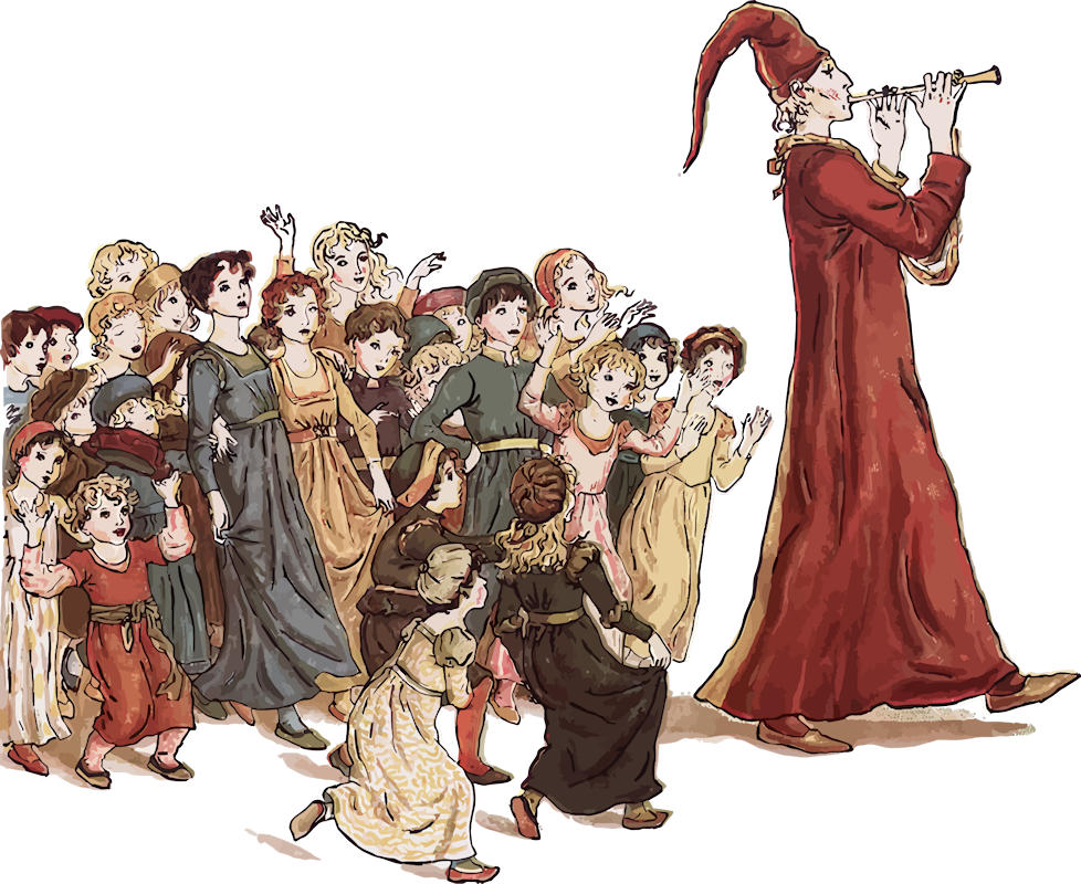 Le joueur de flûte de Hamelin, légende allemande du XIIIe siècle — aujourd’hui, ce ne sont plus les enfants qu’on suit hors la ville, mais les jeunes diplômés qui partent d’eux-mêmes, la Suisse et l’Autriche jouant l’air qui les attire — Illustration Pixabay