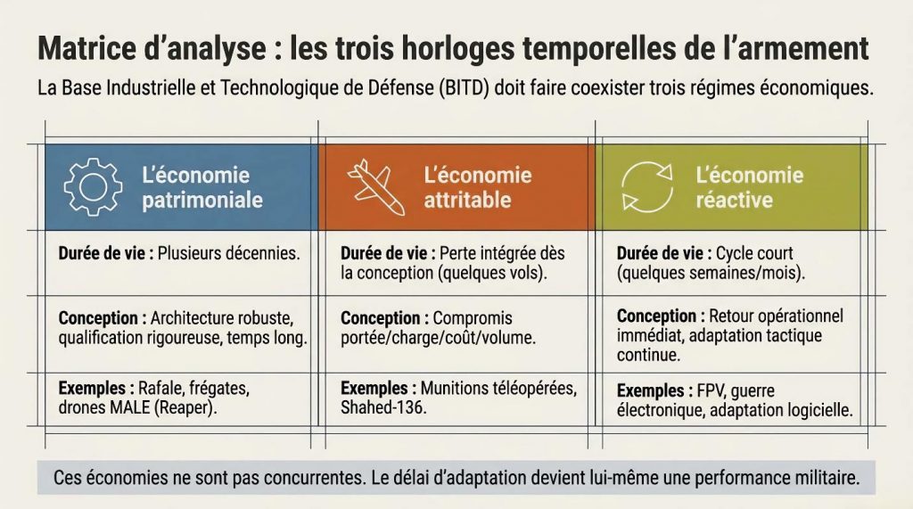 Trois économies de l’armement, trois horloges : patrimoniale (décennies), attritable (mois/années), réactive (semaines) — ces économies ne sont pas concurrentes, le délai d’adaptation devient lui-même une performance militaire — Illustration IA © European-Security