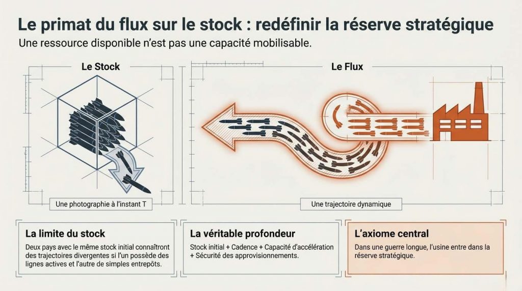 Le primat du flux sur le stock : une ressource disponible n’est pas une capacité mobilisable — dans une guerre longue, l’usine entre dans la réserve stratégique — Illustration IA © European-Security