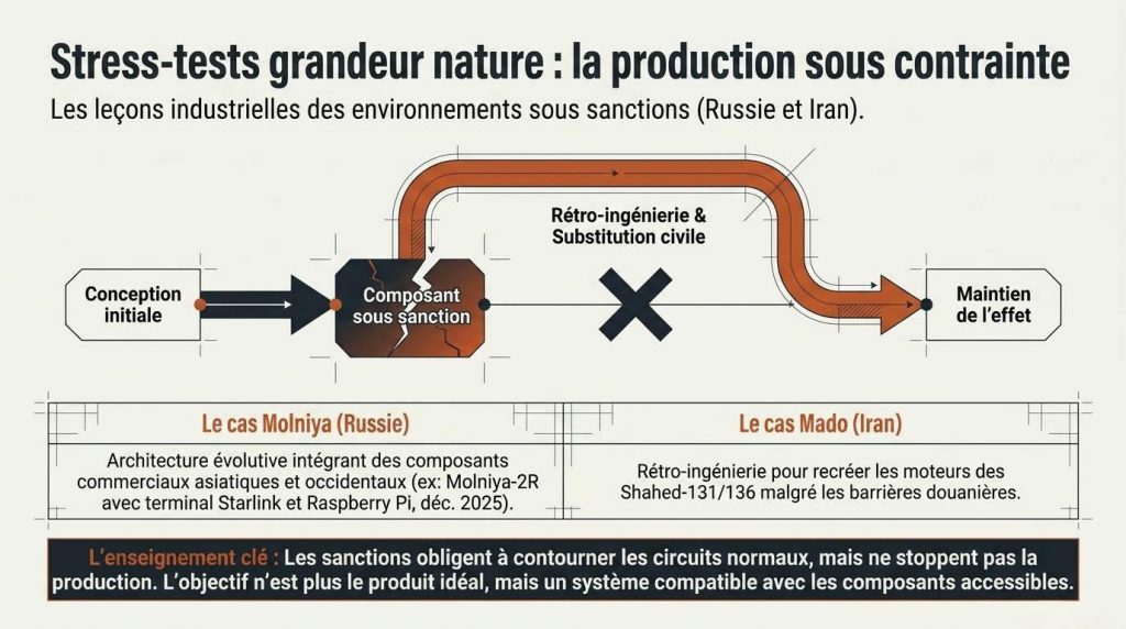 Stress-tests grandeur nature : les sanctions obligent à contourner les circuits normaux, mais ne stoppent pas la production — l'objectif n'est plus le produit idéal, mais un système compatible avec les composants accessibles — Illustration IA © European-Security