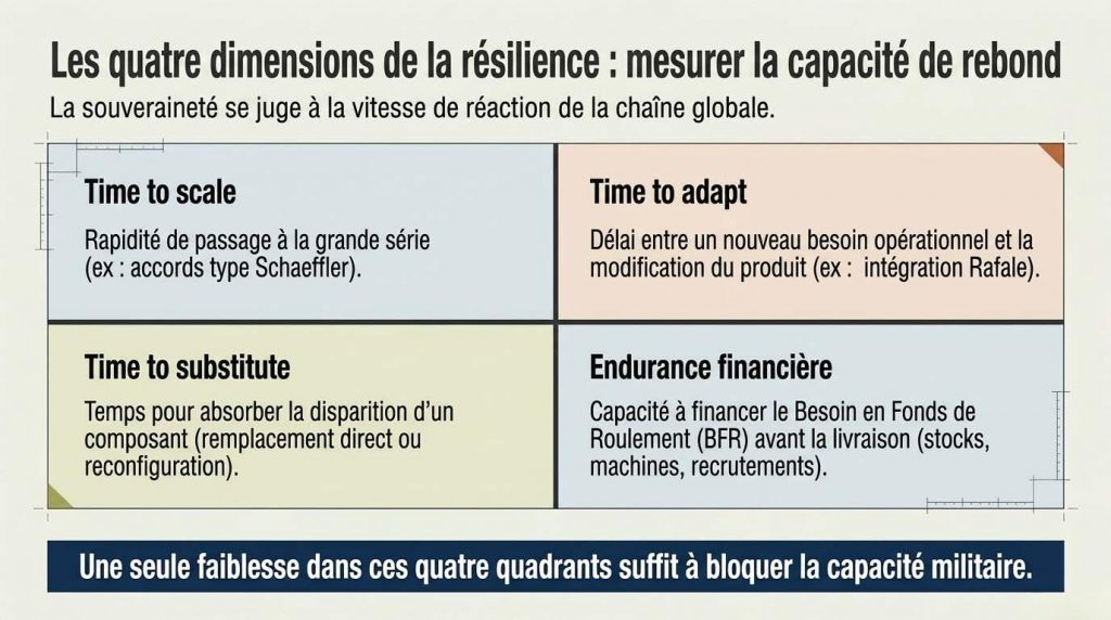 Les quatre dimensions de la résilience industrielle : time to scale, time to adapt, time to substitute, endurance financière — une seule faiblesse suffit à bloquer la capacité militaire — Illustration IA © European-Security