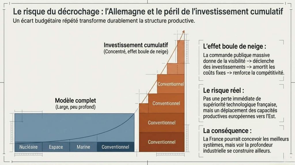 Le risque du décrochage : un écart budgétaire répété transforme durablement la structure productive — pas une perte immédiate de supériorité technologique, mais un déplacement cumulatif de la profondeur industrielle — Illustration IA © European-Security