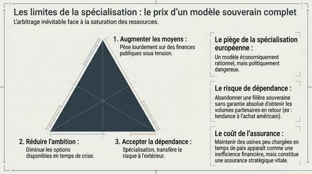 Les limites de la spécialisation : un modèle économiquement rationnel mais politiquement exigeant — sans garanties d’achat réciproques et durables, la spécialisation devient un risque de dépendance — Illustration IA © European-Security