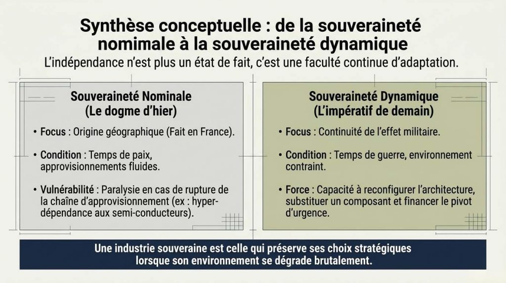 Synthèse conceptuelle : de la souveraineté nominale à la souveraineté dynamique — l'indépendance n'est plus un état de fait, c'est une faculté continue d'adaptation — une industrie souveraine est celle qui préserve ses choix stratégiques lorsque son environnement se dégrade brutalement — Illustration IA © European-Security