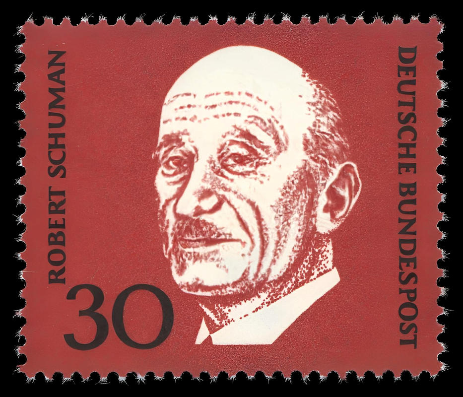 - Stamp Robert Schuman 1968a Robert Schuman honoré sur un timbre de la Deutsche Bundespost, émis le 19 avril 1968 — jour du premier anniversaire de la mort de Konrad Adenauer, dans un même hommage collectif rendu aux pères fondateurs de l'Europe (Adenauer, Schuman, Churchill, De Gasperi). C'est l'Allemagne elle-même qui choisit de graver le visage du Lorrain sur ses propres timbres-poste — Deutsche Bundespost, valeur 30 Pfennig