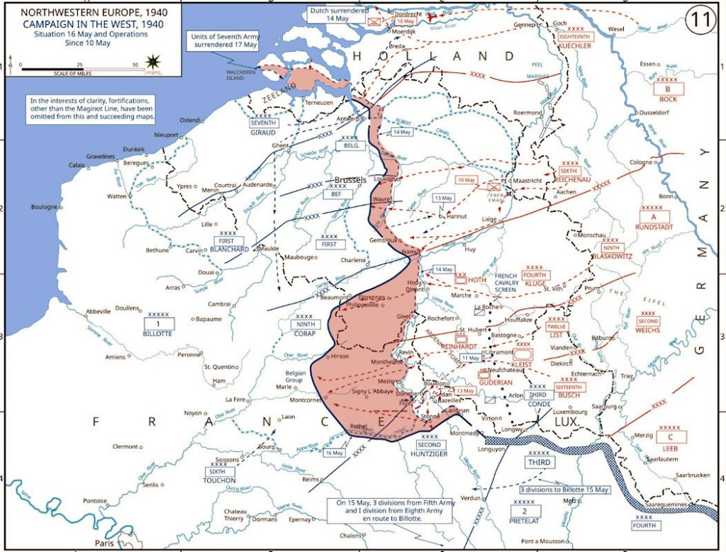 - carte de Sedan 1b Carte d'état-major : la percée allemande à travers les Ardennes, mai 1940. Contournant la ligne Maginot par le nord (en hachures, à droite), les divisions blindées de Guderian et Kleist franchissent la Meuse à Sedan le 13 mai, ouvrant la brèche (en rose) qui isolera les armées alliées engagées en Belgique — Source : Cartes d'état-major, West Point Atlas of American Wars