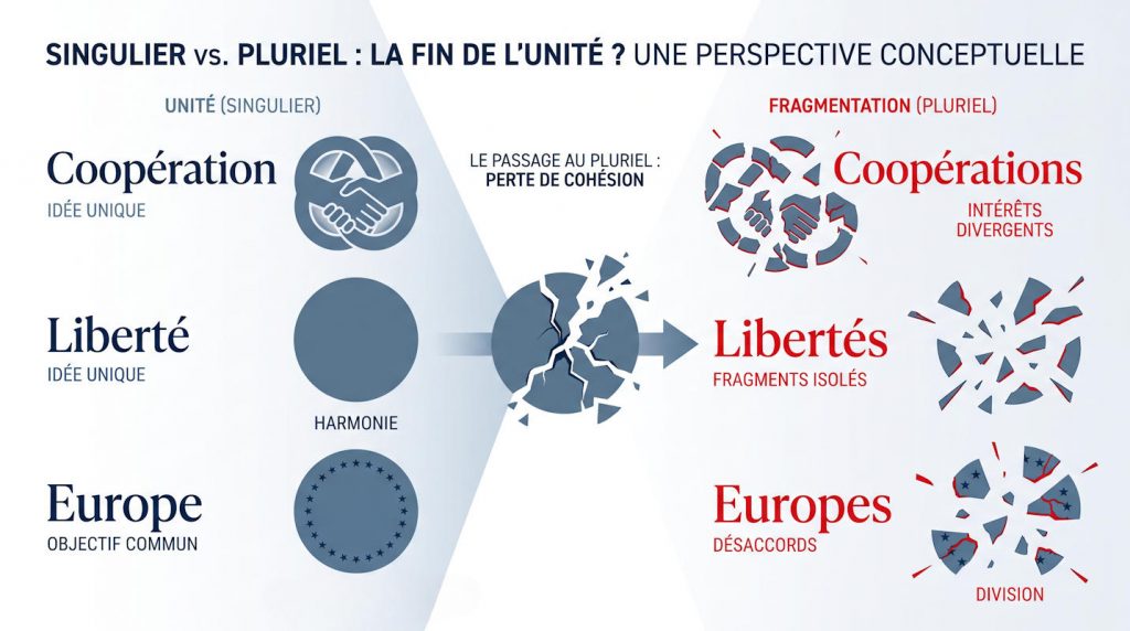 Singulier, pluriel : quand un mot change de nombre, il change de sens — coopération devient coopérations, liberté devient libertés, Europe devient Europes. Ce que le pluriel révèle, ce n’est pas la richesse, c’est la fragmentation — Infographie IA © European-Security
