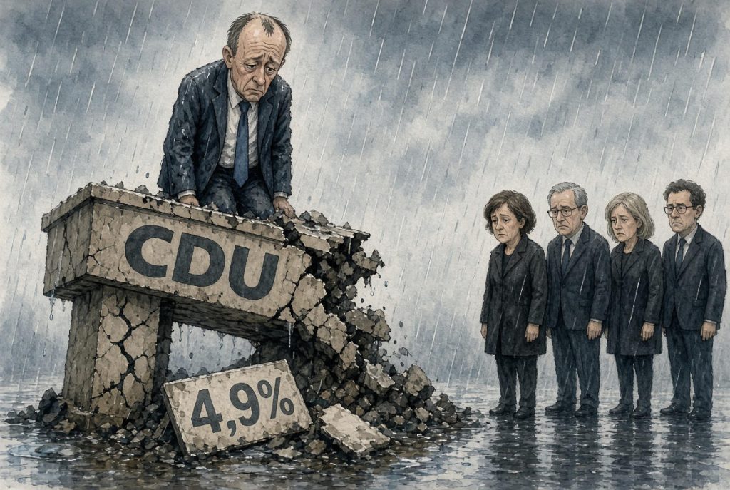 - 2026 0921 Elections Desastre CDU 05a Friedrich Merz seul sur les décombres de la CDU au Konrad-Adenauer-Haus : personne à ses côtés, personne derrière lui — Illustration IA © European-Security