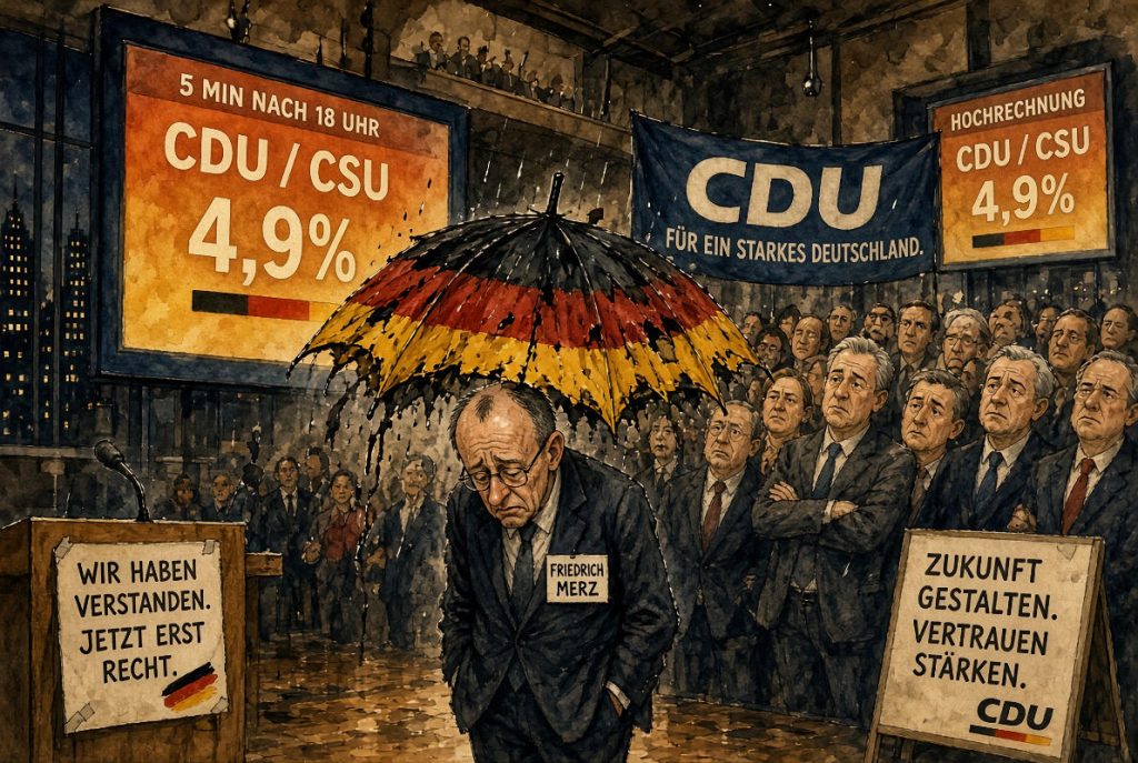 - 2026 0921 Elections Desastre CDU 06a « Rückgrat, Standhaftigkeit und Geduld », promettait Merz. Son parapluie, lui, n’a tenu aucune de ses promesses — Illustration IA © European-Security