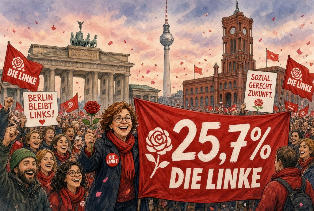 - 2026 0921 Elections Desastre CDU 10a Le même soir, deux triomphes : l’AfD sur la jetée du Mecklembourg, Die Linke devant la porte de Brandebourg — deux extrêmes, une seule CDU écrasée entre les deux — Illustration IA © European-Security